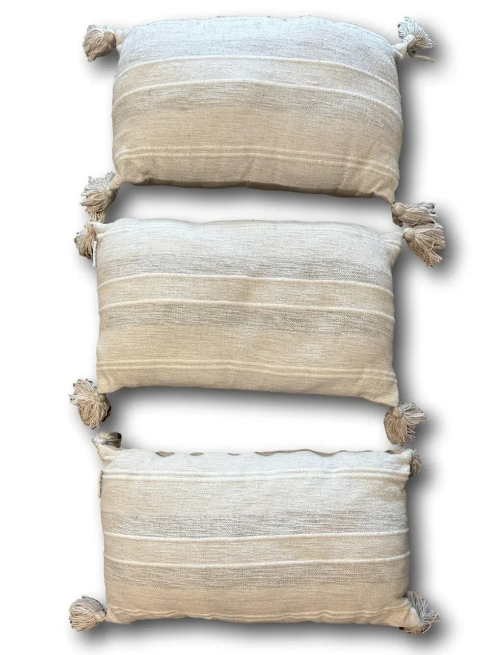 Set of 3 Neutral Boho Lumbar Pillows Cream Woven Tassels 22x13